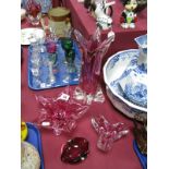 Four Pieces of Behemia Style Studio Glass, all of cranberry and clear design, with spiral borders