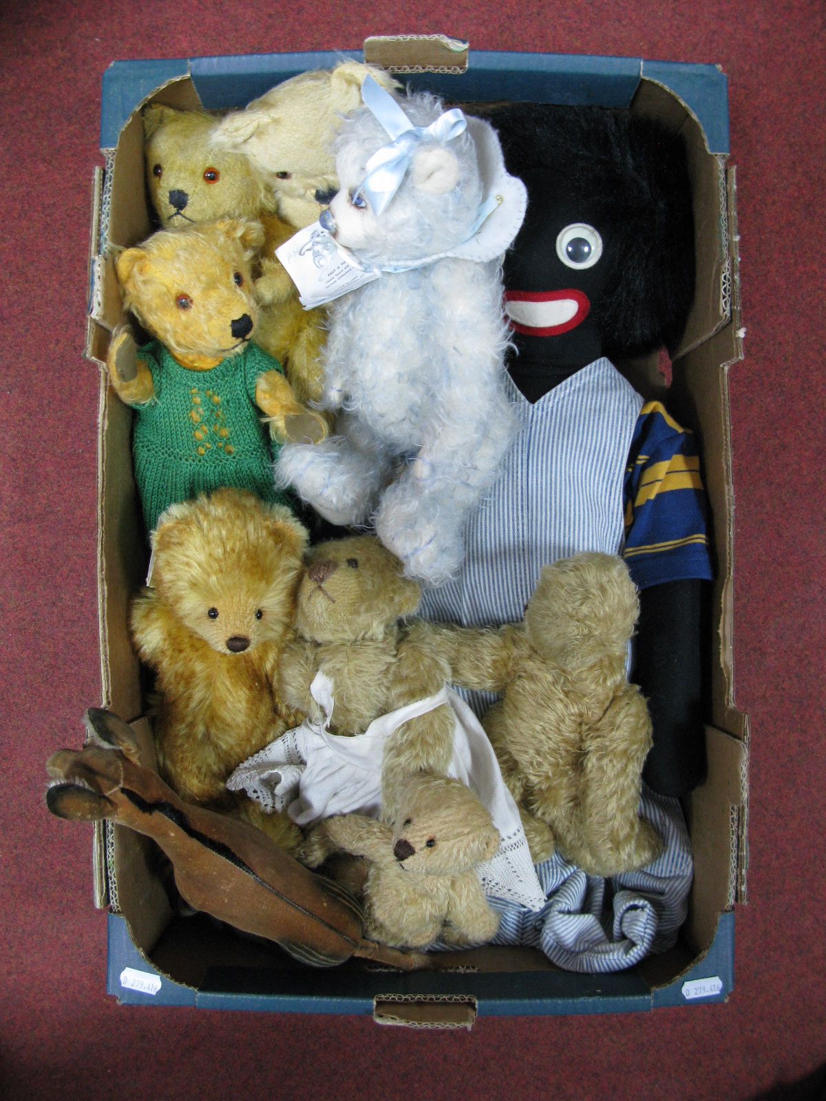 Eight Late XX to Early XXI Century Well Loved Teddy Bears, including "Baby Blue" - porcelain and