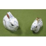 Two Royal Crown Derby Paperweights, modelled as Rabbit and Bunny, both with gold stoppers. (2)