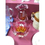 Two Bohemia Style Glass Vases, of clear, cranberry and naranja colour scheme, both of wrythen