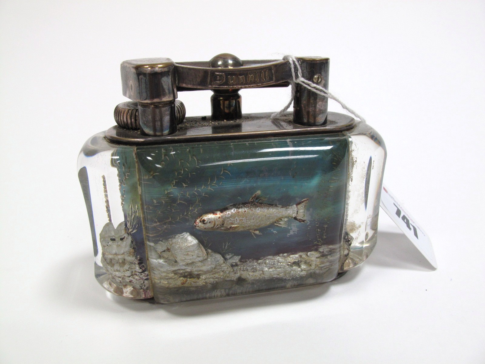 A Dunhill Lucite Half-Giant Table Lighter, internally with a scene of an angler to the obverse and