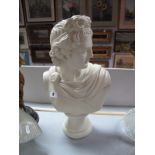 A White Plaster Classical Male Bust, on circular base, overall 40cms high.