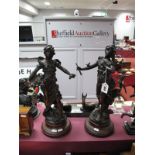 A Pair of Early XX Century Patinated Spelter Figures After Moreau. "Charmeuse" and "Jeunesse" on