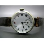 A Trench Style Gent's Wristwatch, the dial with black and red Roman numerals and seconds