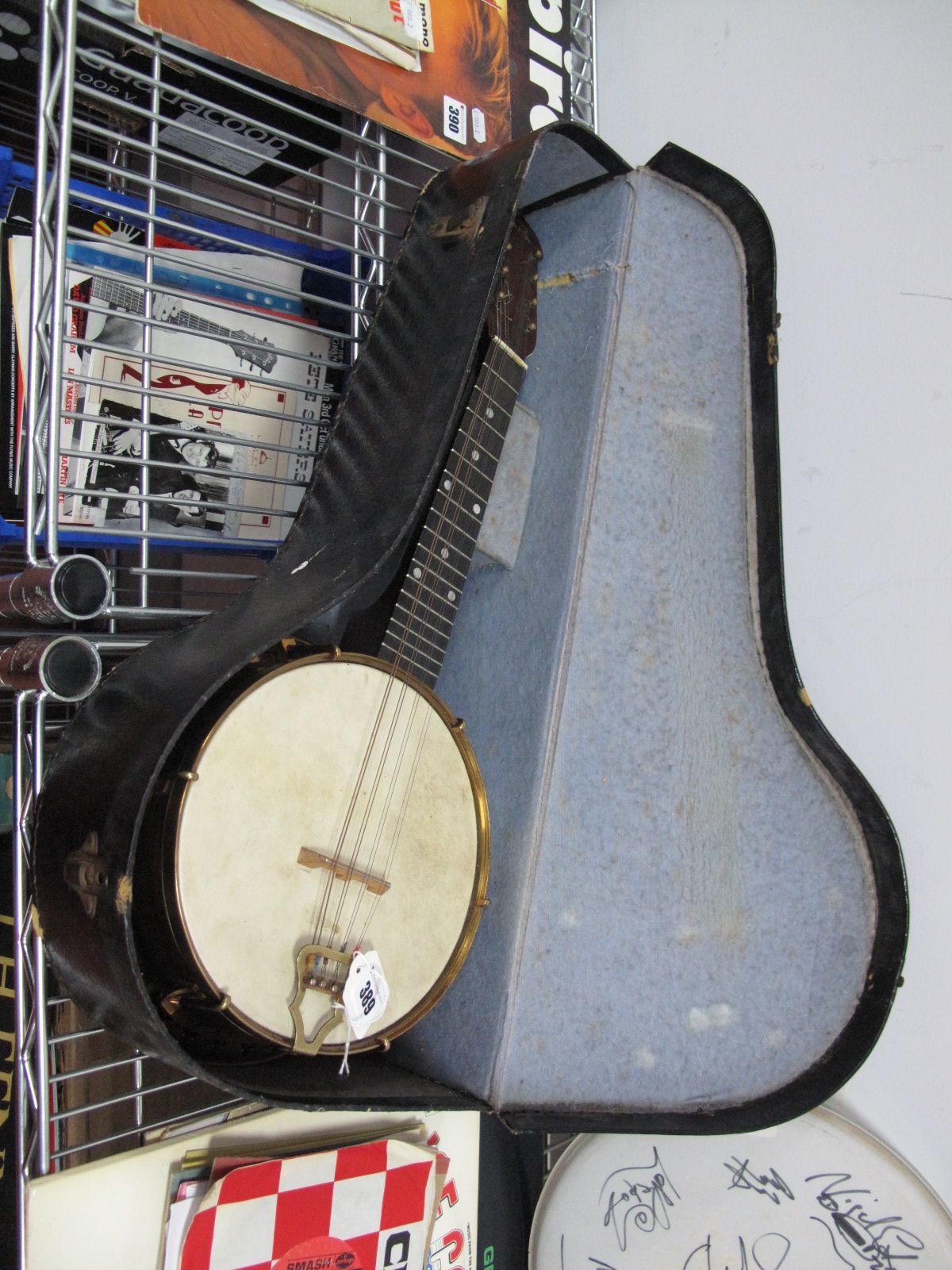 Sunray Banjo Stained Wooden Banjo, with brass drum casing and faux enamel back, pat.no.237784,