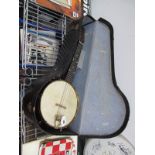 Sunray Banjo Stained Wooden Banjo, with brass drum casing and faux enamel back, pat.no.237784,