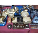 A Set of English Made Brass Postal Balance Scales, with weights ½oz to 8oz, all on a mahogany plinth