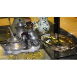 A Tudric pewter tea service, comprising teapot, coffee pot, cream and sugar, salt and pepper,