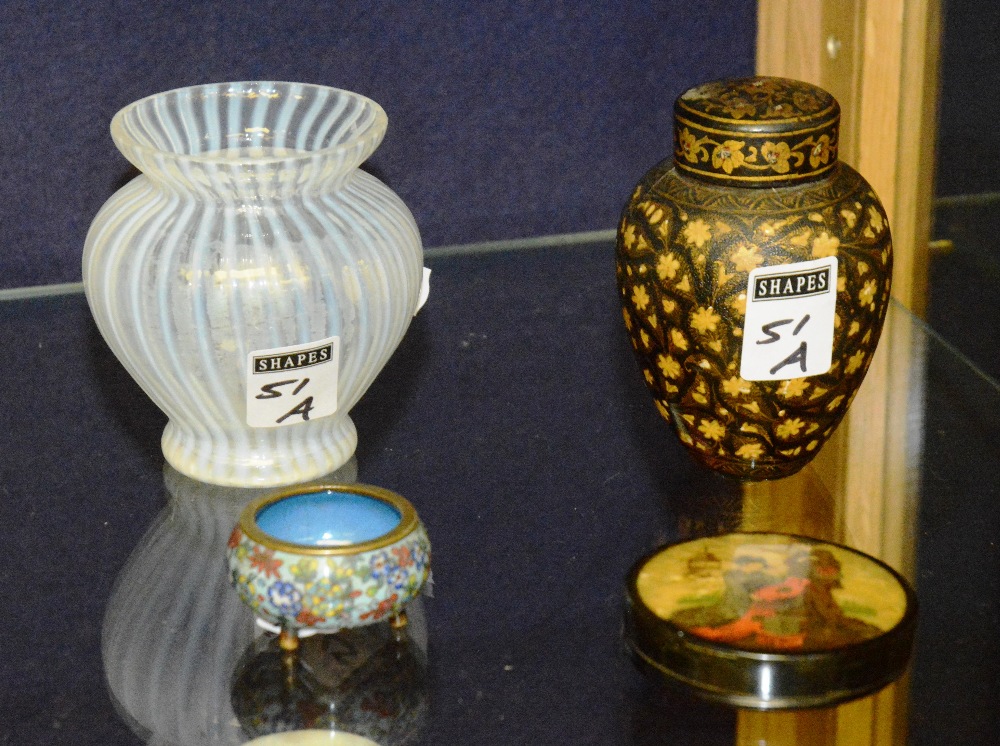 An early 20th century small Chinese cloisonne pot, together with a brown floral spice pot, a Chinese