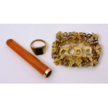 A 9ct gold and agate signet ring, 5.5g, together with a Victorian amber cigarette holder with 9ct