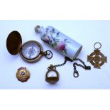 A pocket compass by Stanley of London, together with an enamel curling medal, Oriental scent