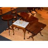 A mahogany inlaid wine table, 63cm high, together with a folding cakestand, dressing stool, coffee