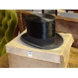 A vintage black top hat, labelled 'Bennetts London 84-88 Regent St' to interior, with box, 16cm high