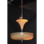 A 1950's opaque glass ceiling light, with trumpet shaped top above a circular bowl, 90cm high