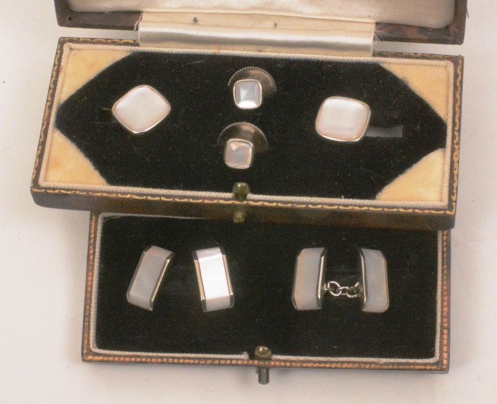 White metal cufflink and stud set, inset