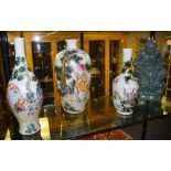 Three assorted Chinese famille rose vases, all decorated with bright coloured figures in foliage