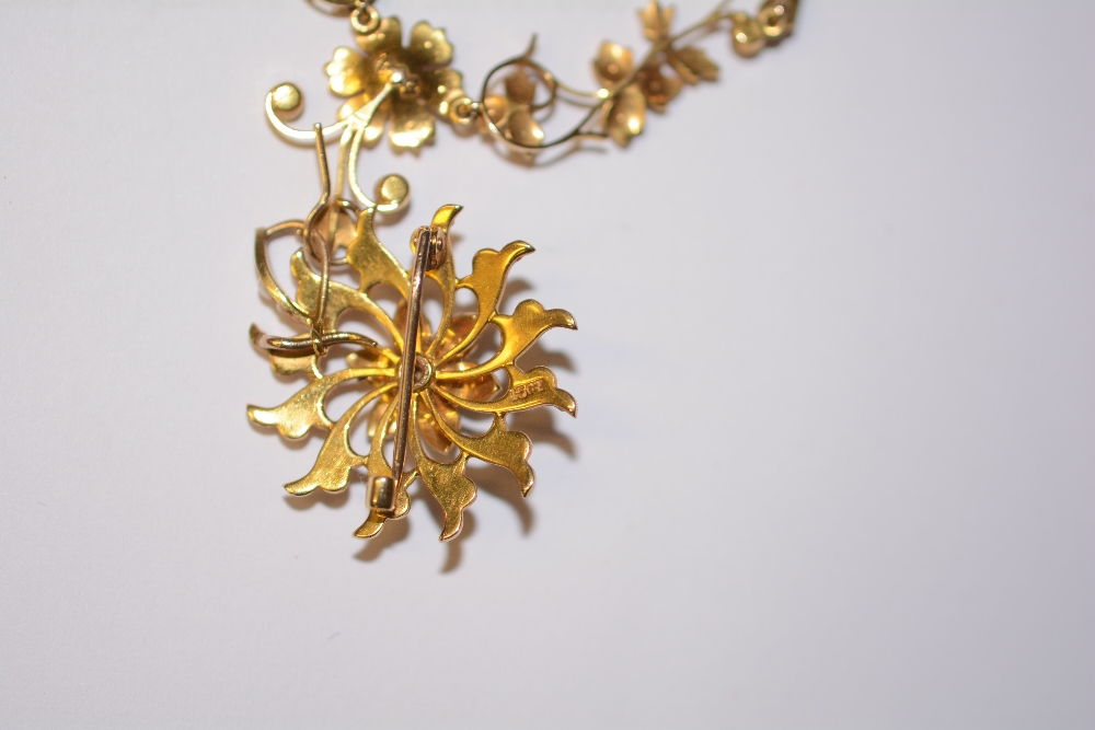 A late Victorian 15ct gold and seed pearl pendant, the central flowerhead drop and foliate detail - Image 5 of 5