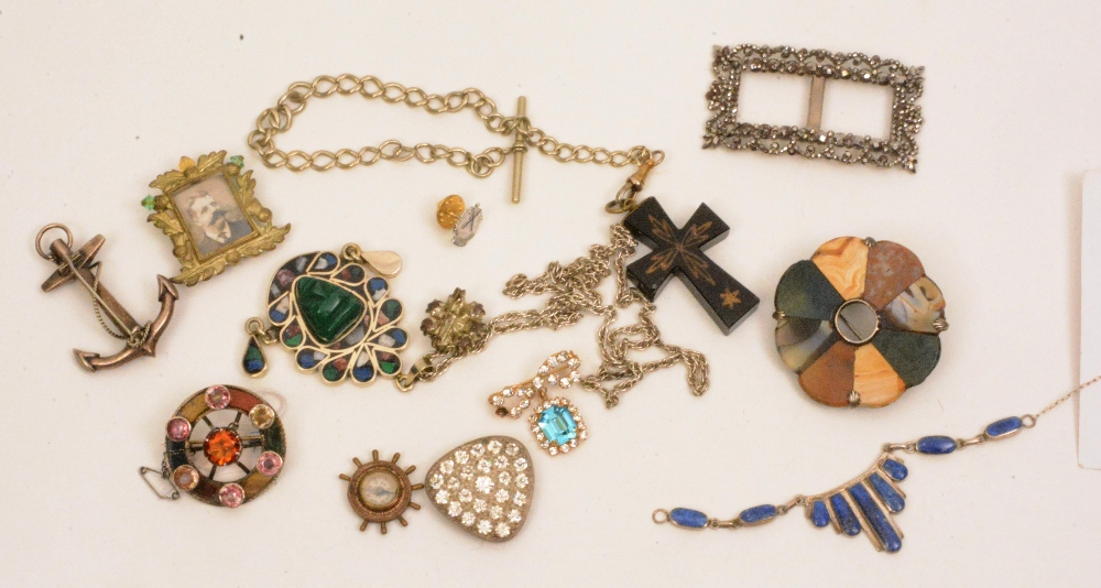 Three white metal and agate brooches, together with two silver necklaces and various costume