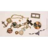 Three white metal and agate brooches, together with two silver necklaces and various costume