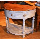 A painted pine demi-lune console table, with single drawer above undertier,