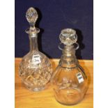 A 19th century glass decanter, with mushroom shaped stopper, ring neck and faceted body, 27cm high,