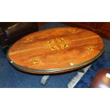 A converted Victorian walnut oval coffee table,