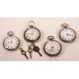 Four silver pocket watches, all with white faces and Roman numerals, one by Kay's Express,