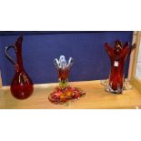 Four pieces of coloured glass, comprising of two vases, dish and jug,