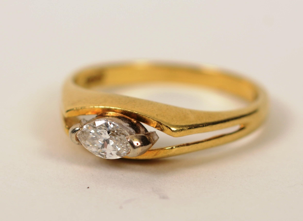 An 18ct gold marquis cut diamond solitaire ring, approximately 0.30ct in total, 3.