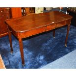 A late 19th century Mahogany D-end side table, raised on reeded tapering supports,