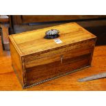 A Regency rosewood tea caddy, with hinged lid and flat pommel handle, enclosing mixing glass,
