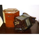 A Lachenal & Co concertina, c.1890, with 21 buttons, pierced foliate ends, leather straps and