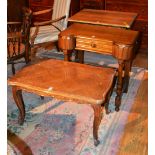 A French style oak coffee table, raised on cabriole supports, 46cm high x 81cm wide,