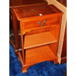 A small modern yewwood open side cabinet, with single drawer above open shelf,