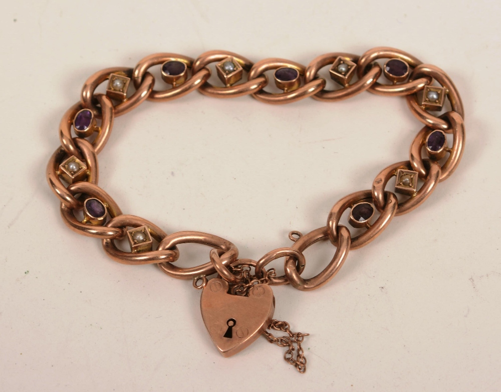 A 9ct gold twist link padlock bracelet, with interspersed amethysts and seed pearls on each link,