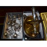 A quantity of plated wares, including a three branch candelabra, top hat match holder,