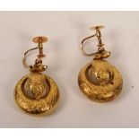 A pair of 9ct gold antique drop earrings, with floral embossed design and screw backs,  3g, 2.