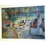 Evelyn Oughtred Buchanan (1915-2011)
'Boats Tied Up, Village Scene'
Oil on board, signed lower left,