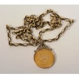 A gold South African half pound coin made into a pendant, dated 1979, on 9ct gold link chain, 10.