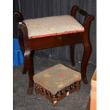 A mahogany piano stool, with hinged seat, 61cm high x 58cm wide, together with a mahogany footstool,