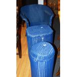 A Lloyd Loom blue wicker chair, 65cm high, with two similar laundry baskets,