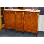 A walnut marble top commode cabinet, in the Louis XVI style, with central classical figural panel,