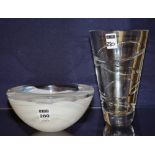 A Swedish Kosta Boda Art Glass bowl, clear with white cloud decoration, 18cm diameter,