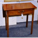 A George III mahogany tea table, with drop flap and single drawer, raised on plain supports,