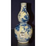 A small chinese double gourd pottery vase, with blue decorated figures in foliage, on white ground