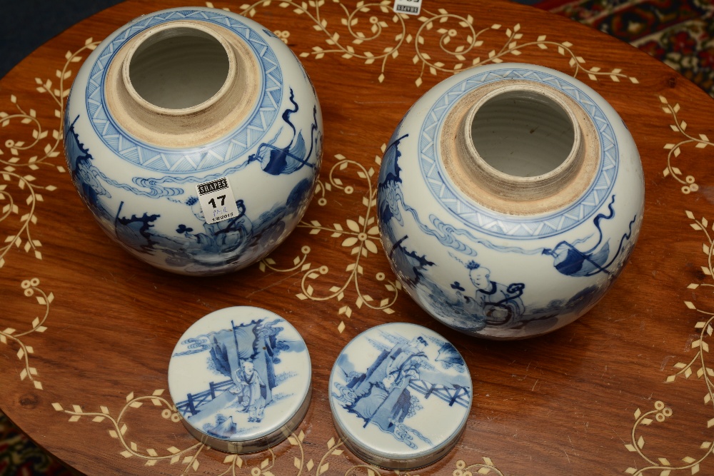 A pair of Chinese ginger jars and covers, with blue decorated figures in foliage, on white ground, - Image 4 of 5