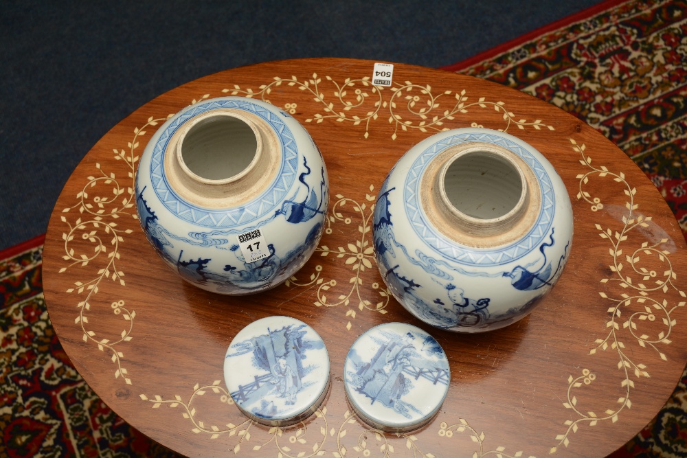 A pair of Chinese ginger jars and covers, with blue decorated figures in foliage, on white ground, - Image 3 of 5