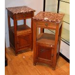 A pair of French oak bedside cabinets, with marble top above single drawer,