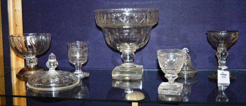 A quantity of 19th century and later glassware, to include a tasting glass with circular bowl,