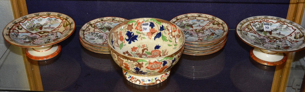 A Japanese Kutani dessert service, comprising of two comports and eight matching side plates,